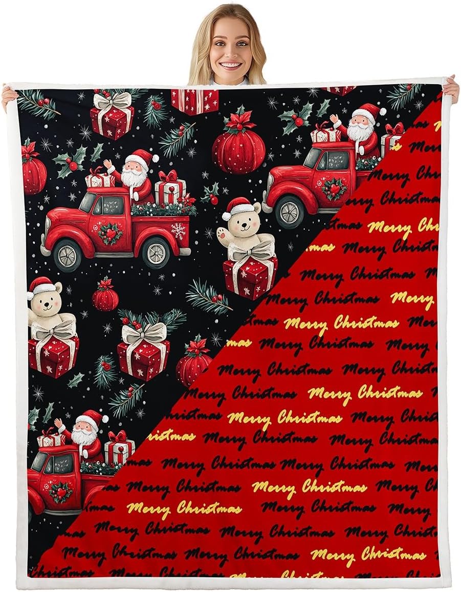 Merry Christmas Kids Flannel Blanket,Red White Stripes Xmas Fuzzy Blanket for Children,Green Pine Gifts Candy Print Polyester Throw Blanket for Couch, Twin Size (60 x 80 Inch)