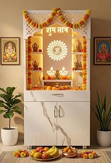 Decorative Engineer Wood Shubh Mandir Temple Pooja Mandir with Storage for Home Floor Standing Religious Temple Living Room and Office (Already Assembled - White) Subh-Labh (OM)