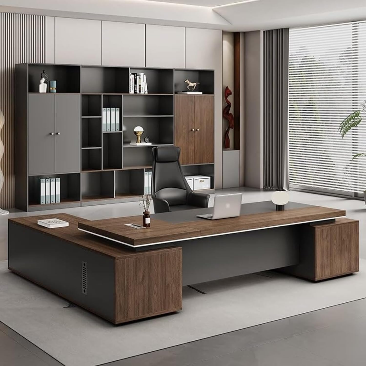 102" Brown Executive Office Desk, Computer Desk with Storage Cabinet, Study Gaming Table Business Furniture Set for Study, Work, Gaming