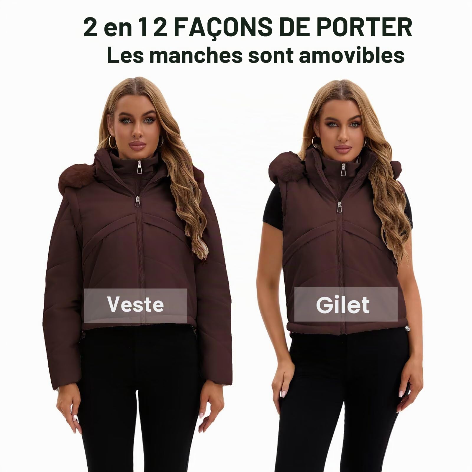 Vestes légères d'hiver pour femmes 2 en 1 Doudoune courte sans manches Gilet sans manches pour femmes Manteau matelassé chaud à capuche Vêtements d'extérieur tendance