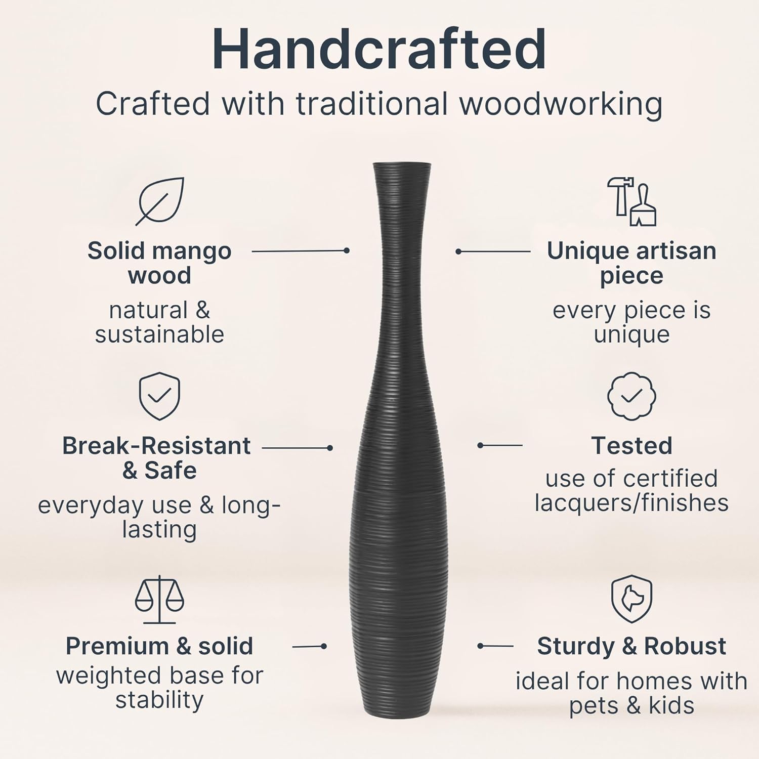 Leewadee Large Black Home Decor Floor Vase - Wooden 34 inch Tall Farmhouse Decor Flower Holder for Fake Plant and Pampas Grass