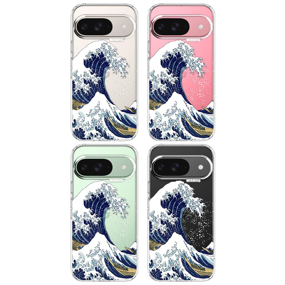 MOSNOVO Case for Google Pixel 9 & Pixel 9 Pro, [Buffertech 6.6ft Military-Grade Drop Protection] [Anti Peel Off Tech] Clear TPU Bumper Phone Case Cover Design - Great Wave - 3
