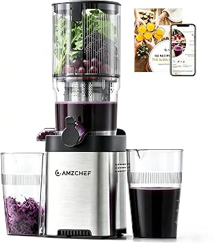 AMZCHEF Cold Press Juicer 5.4" Wide Feed Chute, Masticating Juice Extractor with Large Auger & Triple Strainers, High Yield, Easy to Clean, Silver Stainless Steel