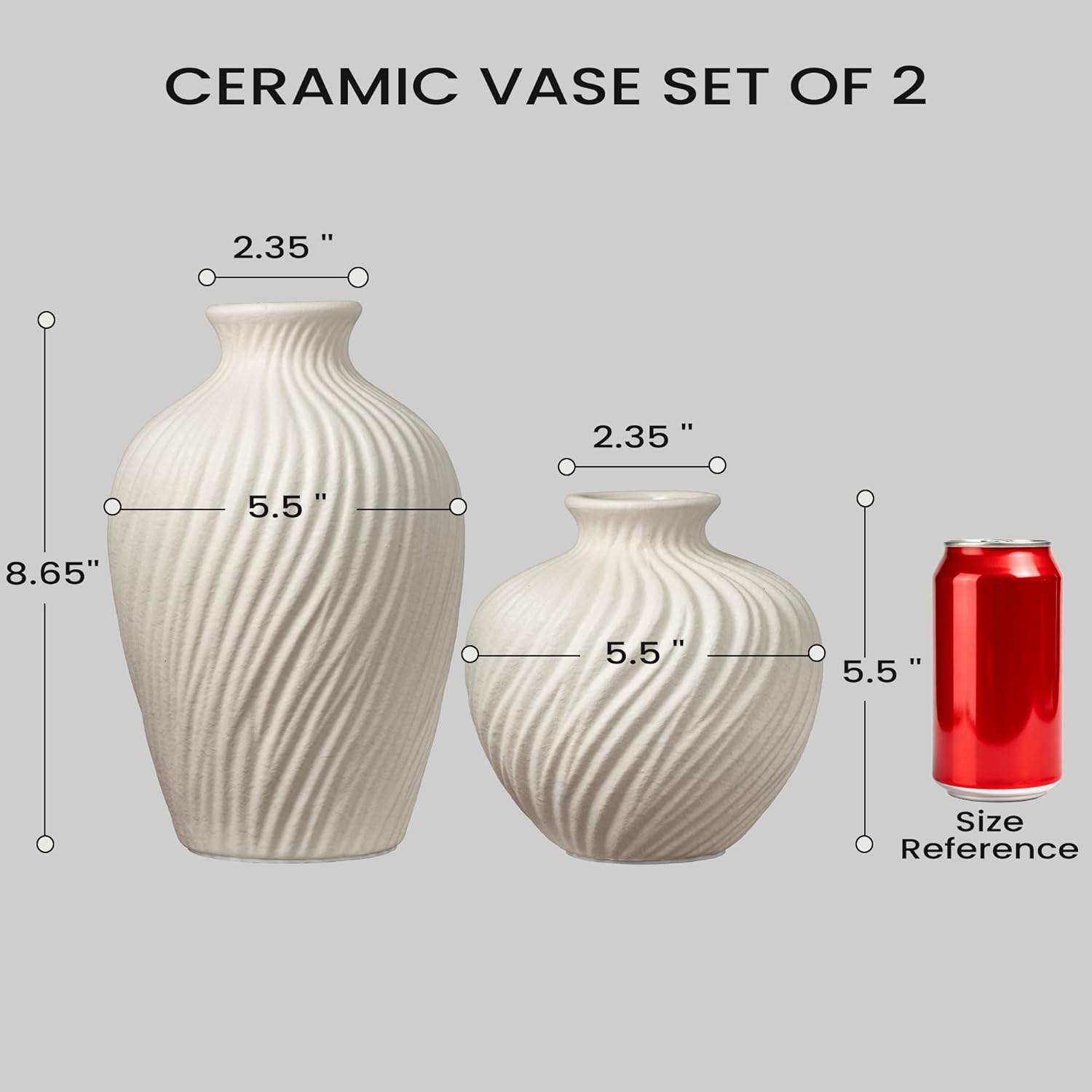 White Ceramic Vase Set of 2 - Modern Flower Vases for Home Decor - Rustic Textured White Vase for Living Room Decor - 8.65×5.5 & 5.5×5.5 Inch Round Vases for Dining Table Centerpiece Decoration - Image 3