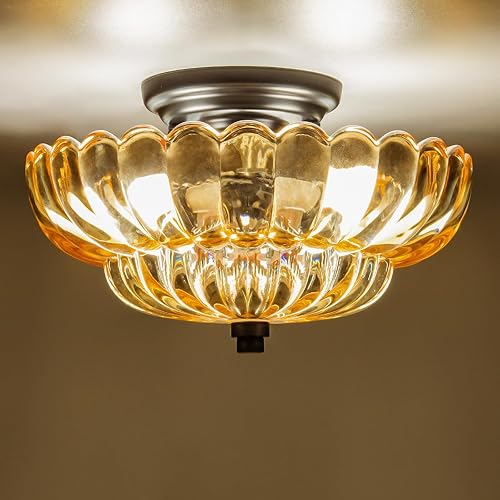 Miniatura 2 de GloMuse Luces de techo semi empotradas, luz de techo de vidrio marrón, iluminación moderna de base negra, lámpara adecuada para sala de estar,
