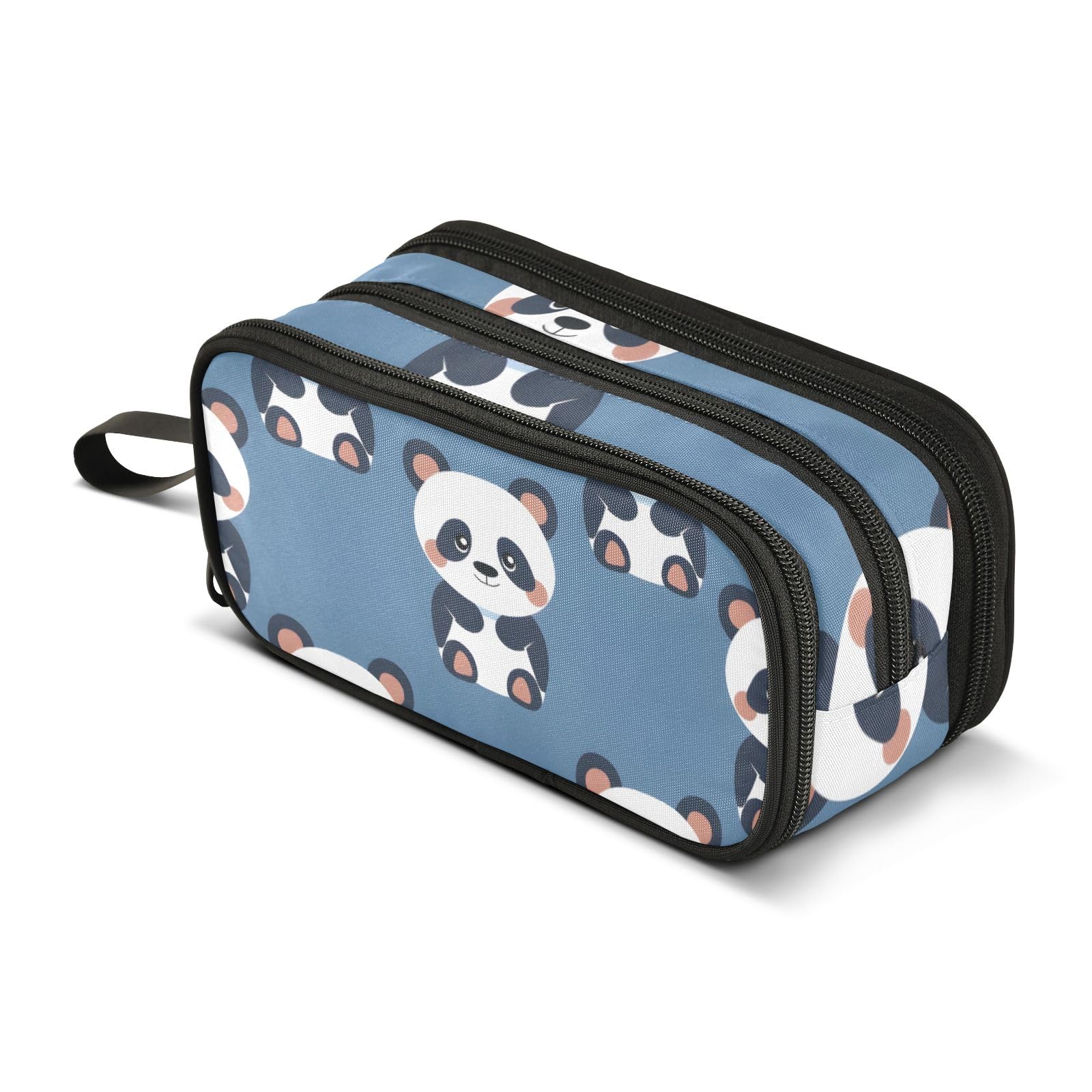 Bonito estuche azul panda para lápices, bolsa de gran capacidad para niños y niñas, 3 compartimentos, organizador de papelería, estuche para la escuela, oficina, trabajo, Bonito panda azul, Talla