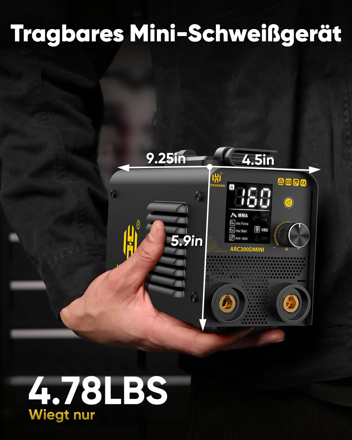H HZXVOGEN Mini Elektroden Schweißgerät 230V 200A, 2-in-1 MMA & Lift TIG Inverter, Tragbares Schweißgerät für Anfänger & Heimwerker, mit LED-Display, Hot-Start, Anti-Stick, Inkl. Elektroden & Zubehör