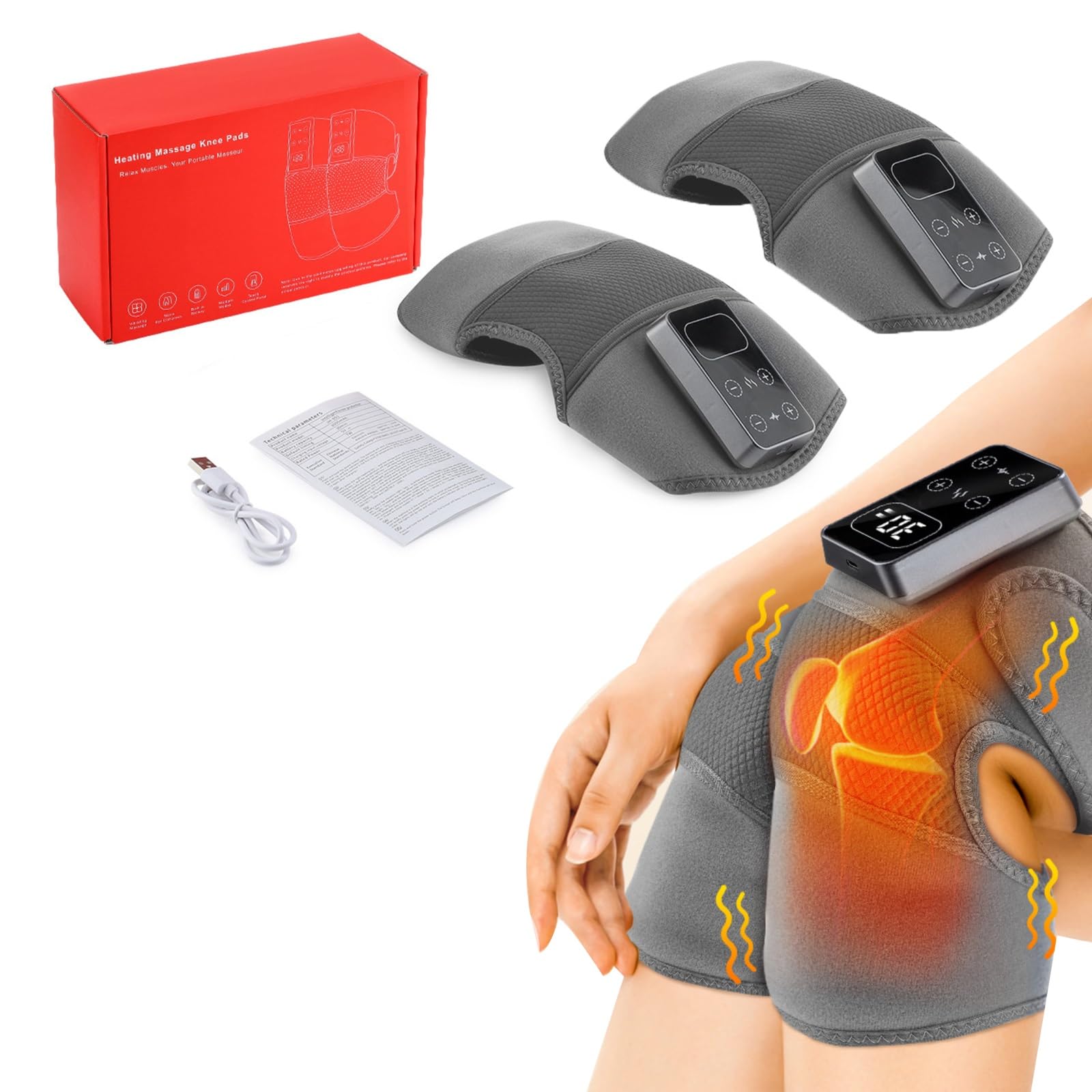 Massaggiatore Termico per Ginocchia con Vibrazione, Fascia 2-in-1 per Gomito e Gamba con Riscaldamento e Massaggio, 5 Livelli di Calore & 3 Modalità, Display Digitale