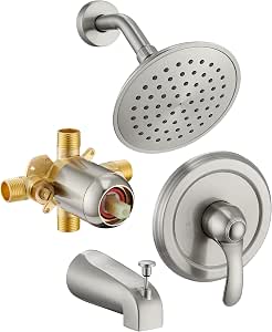 FROPO Tub Shower Faucet Set with Pressure-Balanced Valve, 6-Inch Touch-Clean Rain Shower Head and Tub Spout, Brushed Nickel