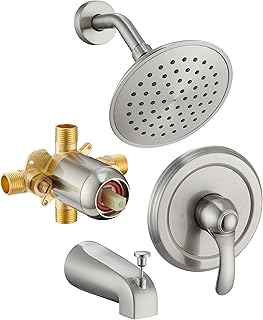 FROPO Tub Shower Faucet Set with Valve, 6-Inch Shower Head and Handle Set Brushed Nickel, Single-Handle Tub and Shower Trim Kit with Touch-Clean Rain Shower Head and Tub Spout