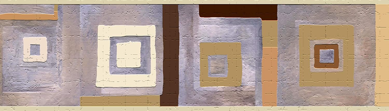 Dundee Deco Wallpaper Border Peel and Stick DDAZBD9055 Geometric Beige, Purple, Tawny Square Shapes Wall Border Retro Design, 15 ft x 7 in (4.57m x 17.78cm), Self Adhesive
