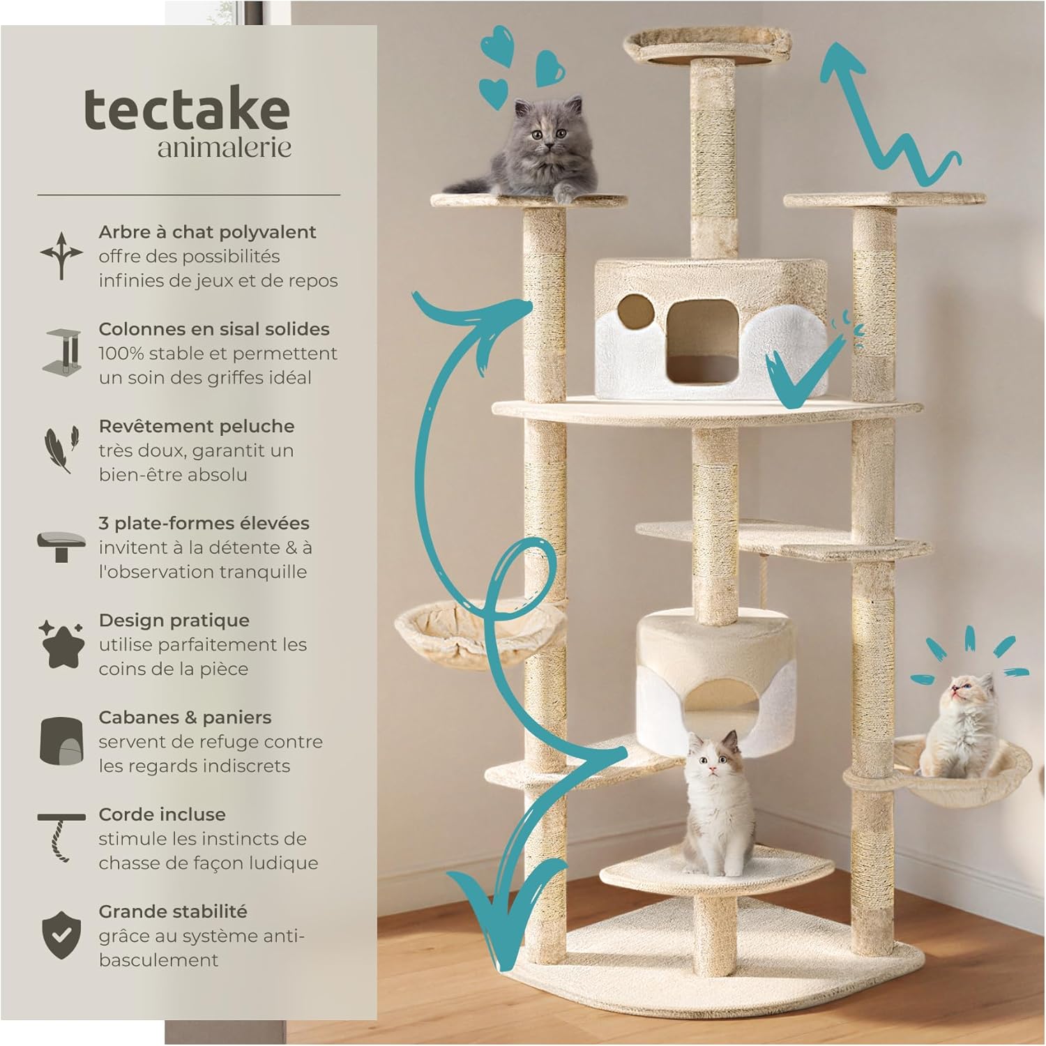 A beige tectake cat tree with multiple levels, scratching posts, and two cats interacting with it.