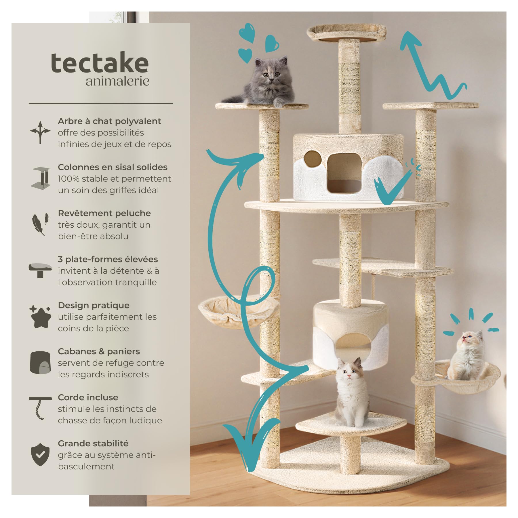 tectake® Arbre à Chat XXL Griffoir pour Chat en sisal H201 cm, Maison pour Chats Accessoire Chats avec Grattoir Niche Couchage Hamac Panier Lit