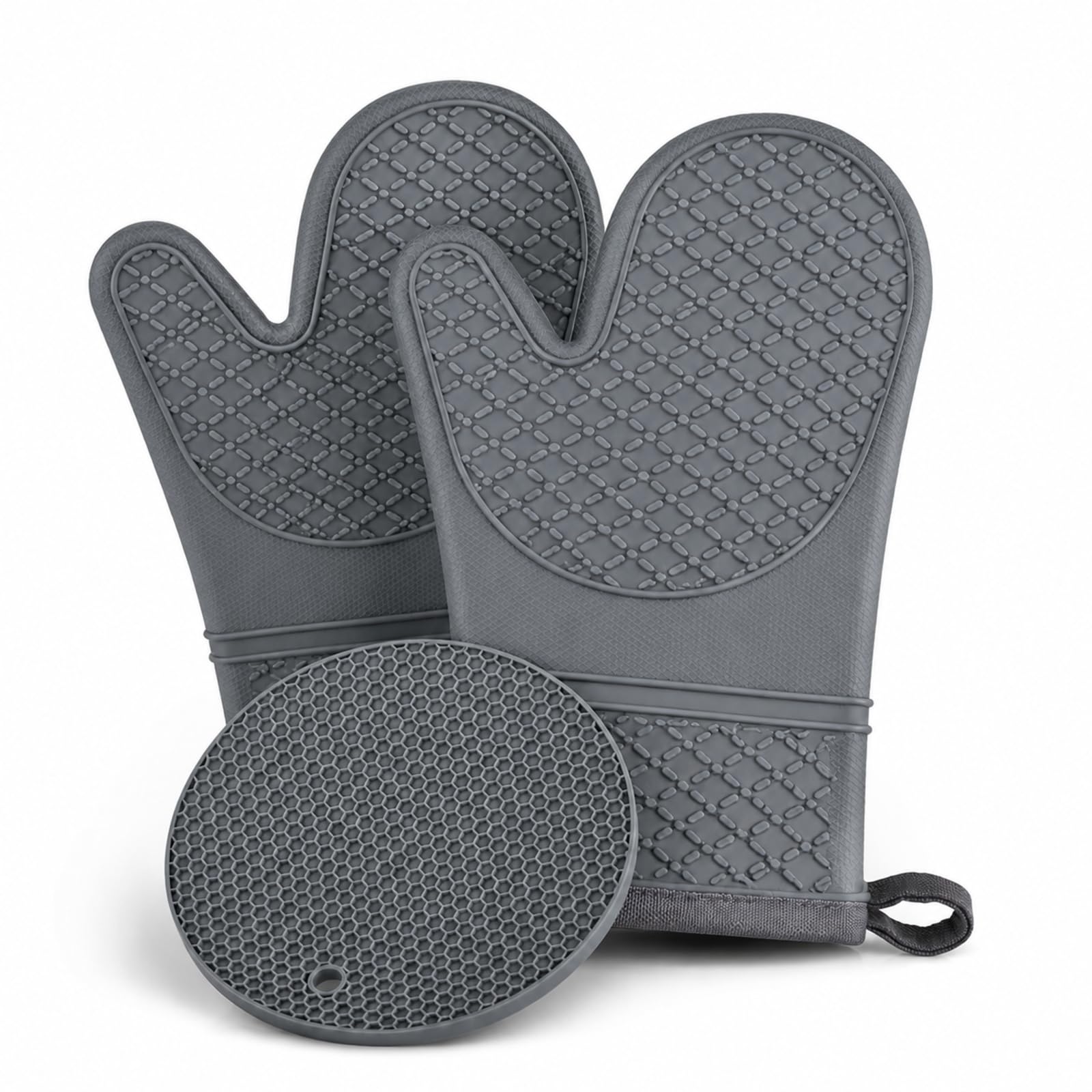 2 PCS Silicone Oven Gloves with Insulation Pad, Heat Resistant Oven Mitts with Non Slip Twill Grip, Easy Clean Kitchen Gloves with Soft Lining for Baking, Cooking and BBQ (Grey)