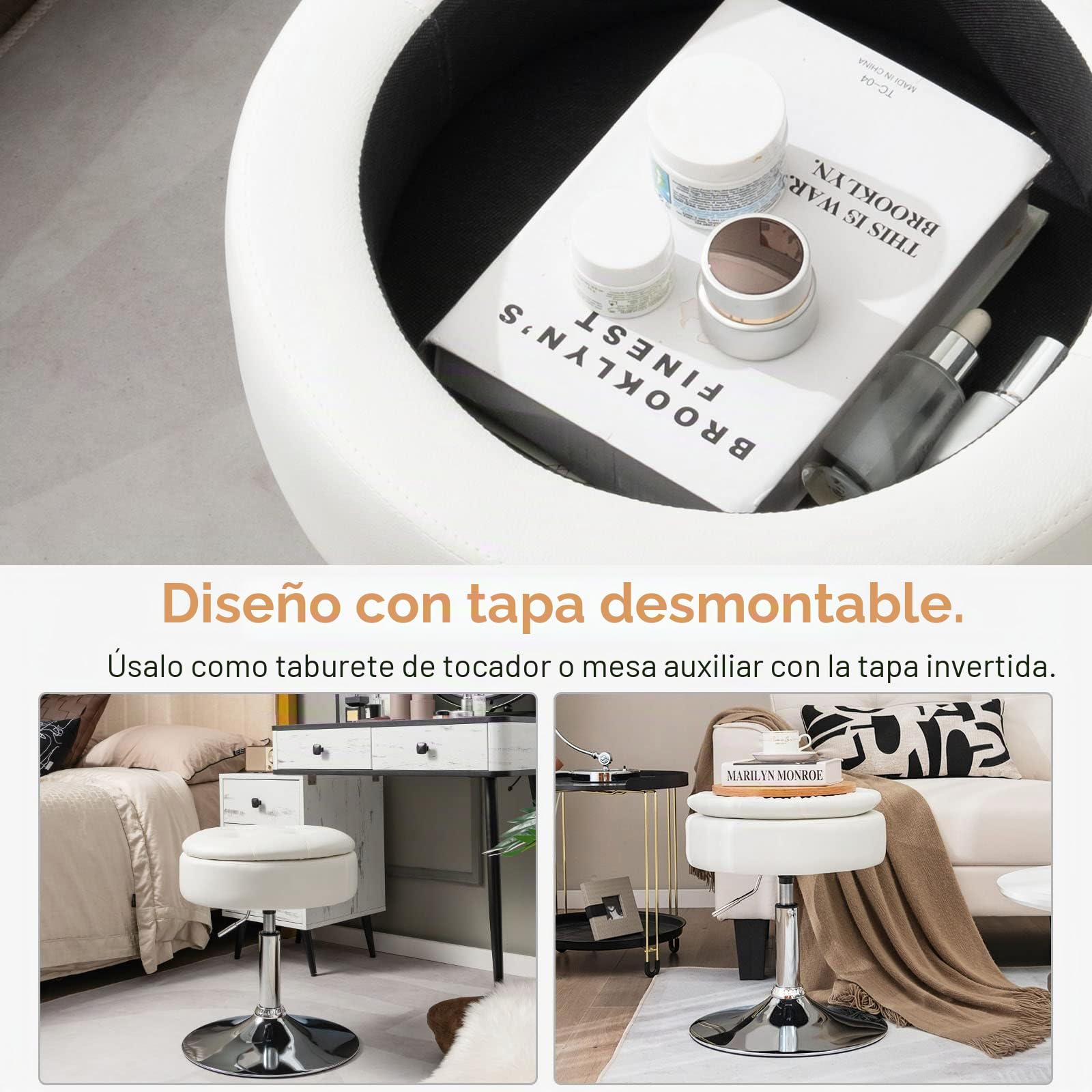 LIFEZEAL Taburete de tocador, Silla de Bar de Piel sintética, Taburete Giratorio con Altura Ajustable de 51 a 66 cm, Taburete de Bar Redondo con Almacenamiento Oculto para Dormitorio, salón(Blanco)