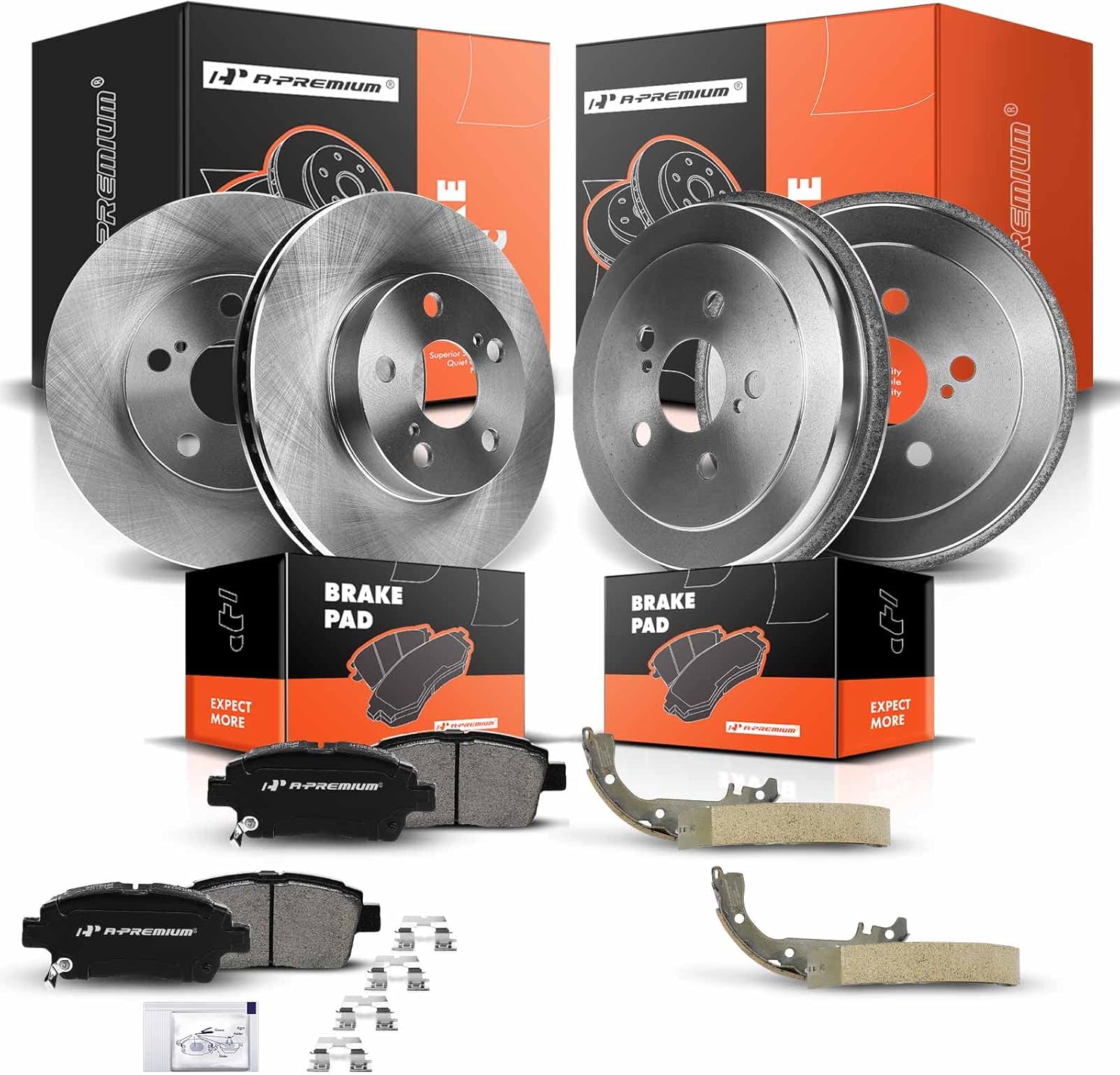 A-Premium Front and Rear Vented Disc Brake Rotors + Drums + Shoes + Ceramic Pads Kit Compatible with Select Toyota Models - Prius 2004 2005 2006 2007 2008, 12-PC Set