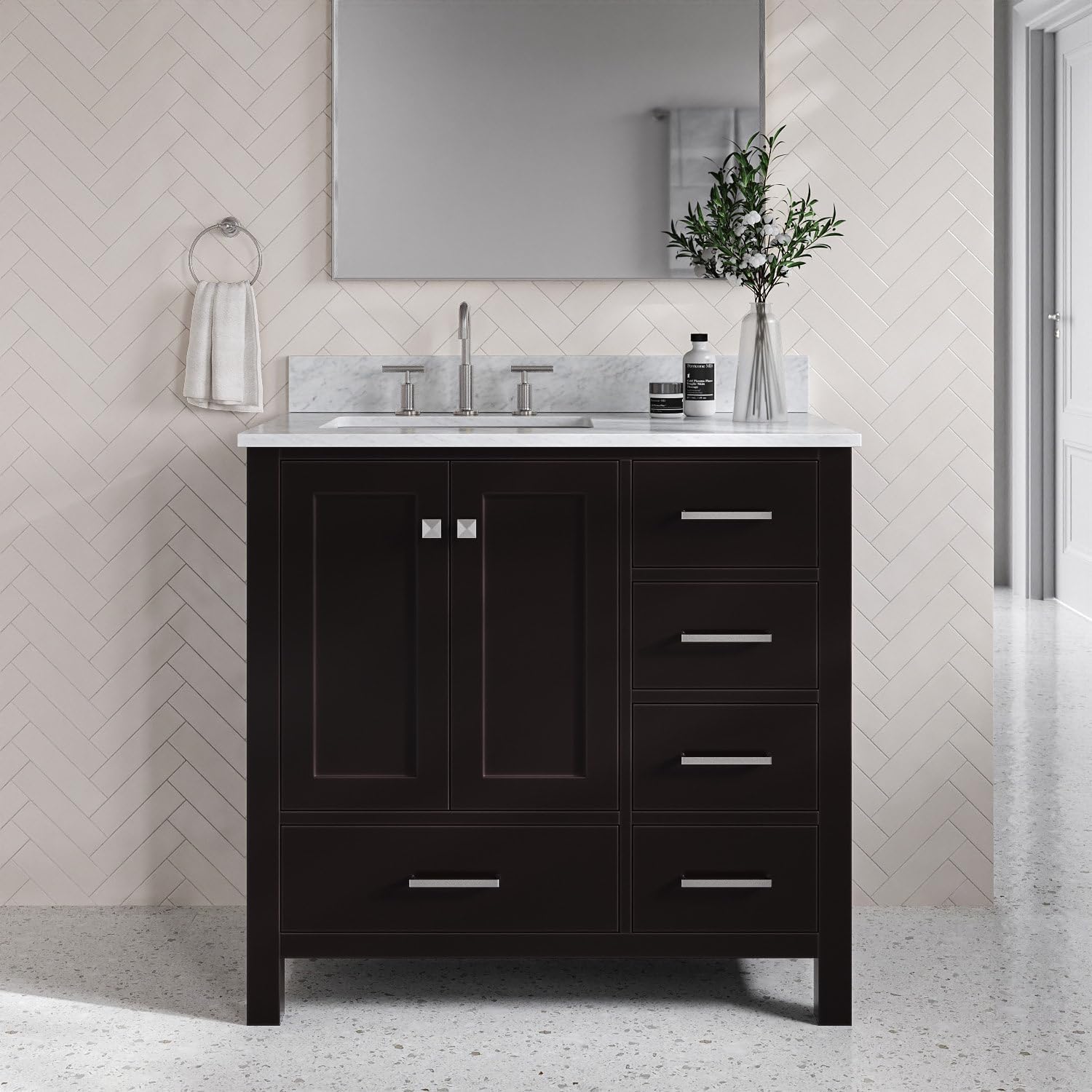 DKB Beckford 37-Inch Espresso Single Bathroom Vanity with Left Rectangular Sink, Italian Carrara Marble Countertop & Backsplash, 2 Soft Closing Doors, 5 Dovetail Drawers, Brushed Nickel Hardware