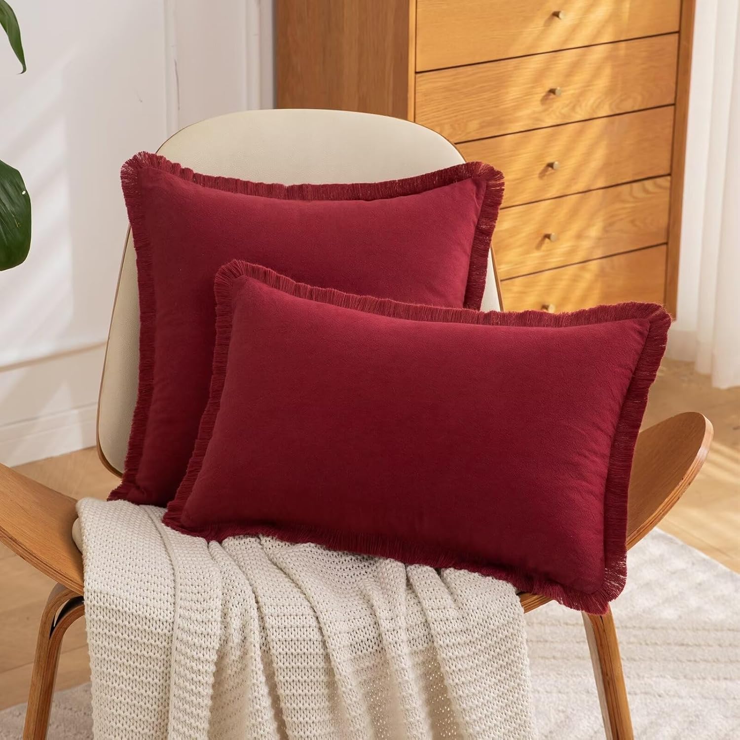 Set of 2 Fringe Square Pillow Covers, 26x26 Cotton Throw Pillow Cover with Tassel, Decorative Boho Pillow Covers Cozy Pillowcases for Couch Sofa Bed Living Room Bedroom Farmhouse Home Decor Accents