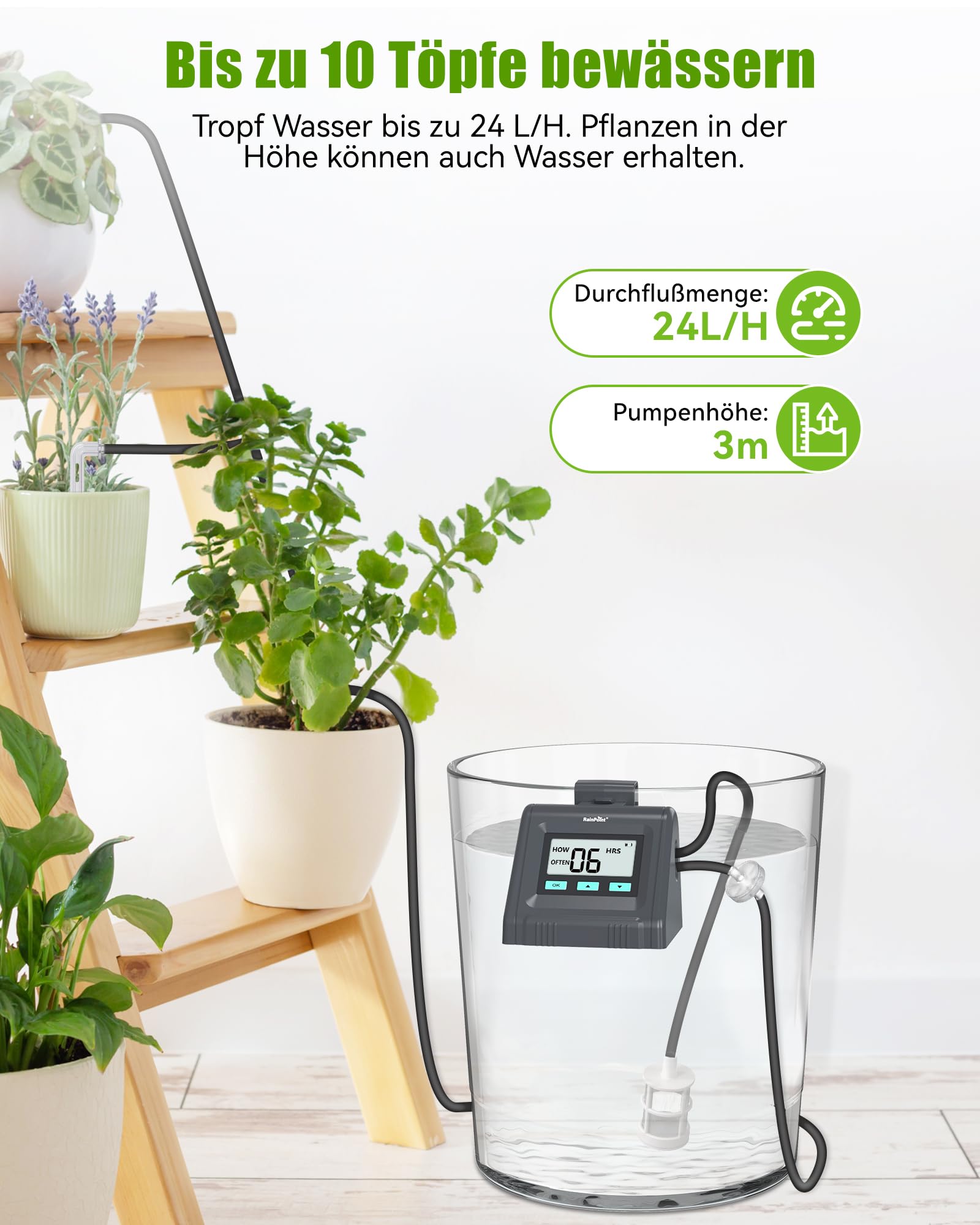 RAINPOINT Automatisches Bewässerungssystem, Einstellbare Wassermenge, Automatische Bewässerung für Zimmerpflanzen, Balkon, DIY-Tropfbewässerungsset für bis zu 10 Topfpflanzen