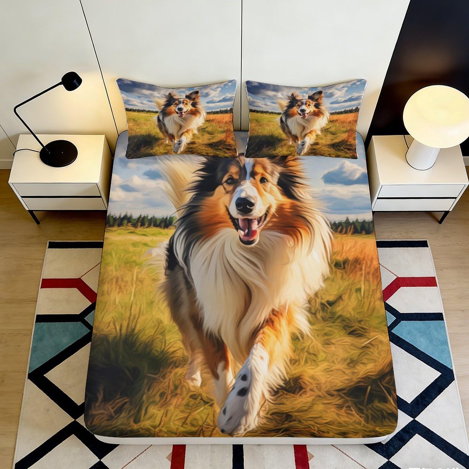 3D Printed Collie Dog Fitted Sheet Microfiber Soft Anti-Slip Pastoral Field Bed Cover for Bedroom Guest Room Decor 90x200x25cm