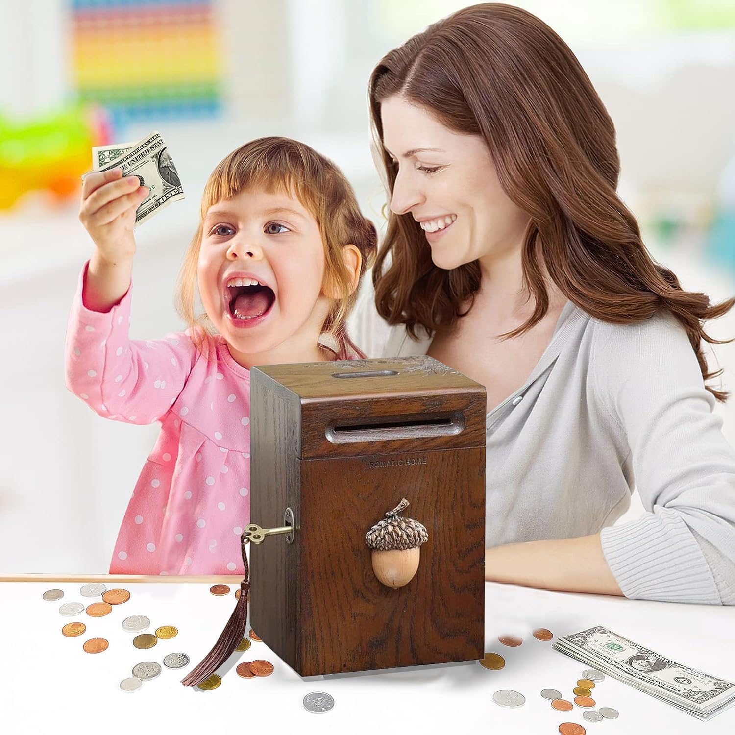 Amazon.co.jp: 大人用木製貯金箱 ヴィンテージ貯金箱 ロック付き 無垢