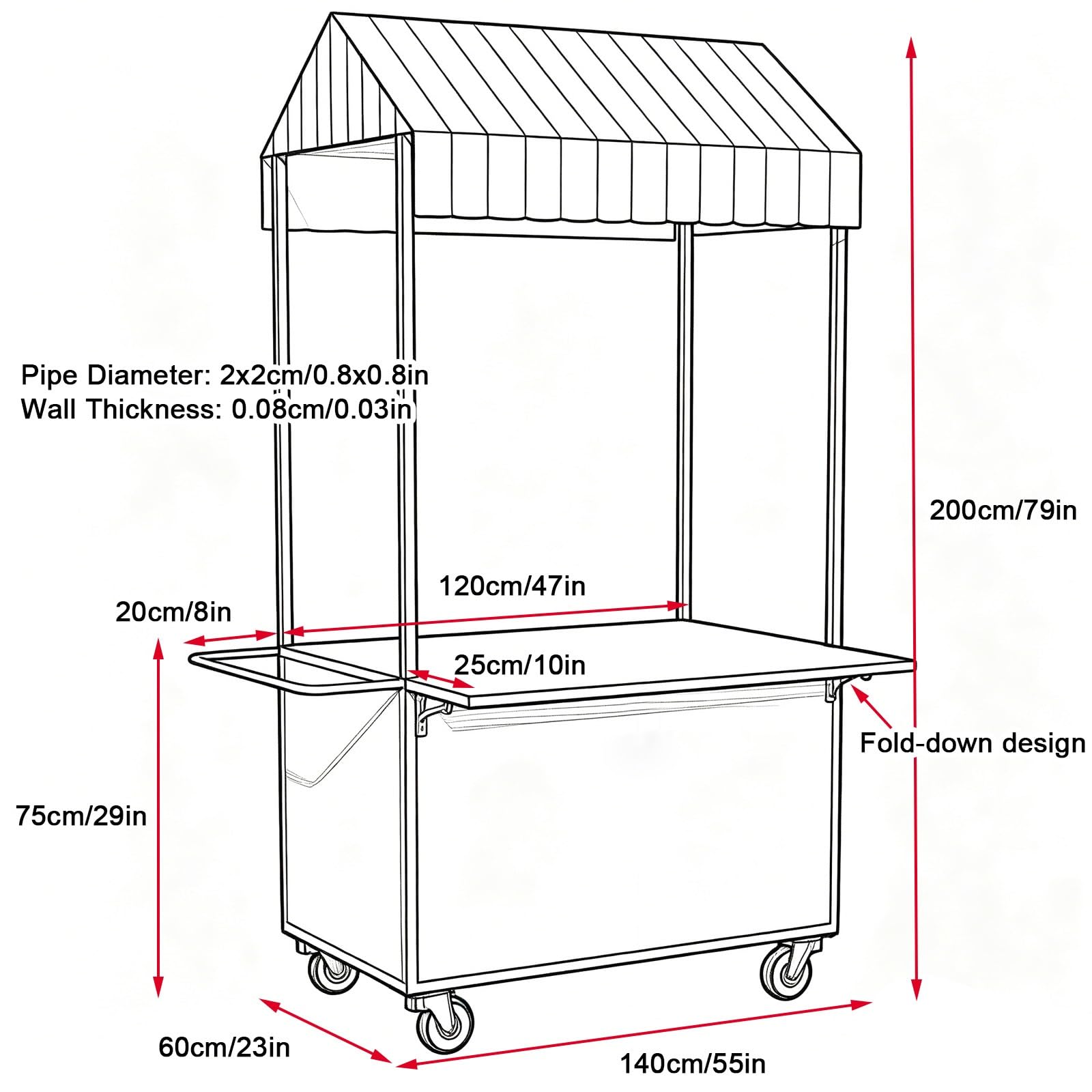Imbisswagen, Marktstand Verkaufsstand aus Metall mit Sonnendach, Klappregal und Rollen für Märkte, Streetfood und Veranstaltungen(Red,140cm/55in)
