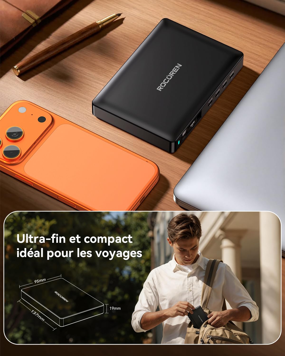 Rocoren Chargeur USB C 8 en 1 avec câble rétractable, Station de Charge USB GaN - Plusieurs Appareils Compatibles avec Ordinateur Portable, MacBook, iPad, iPhone, Samsung et Plus Encore