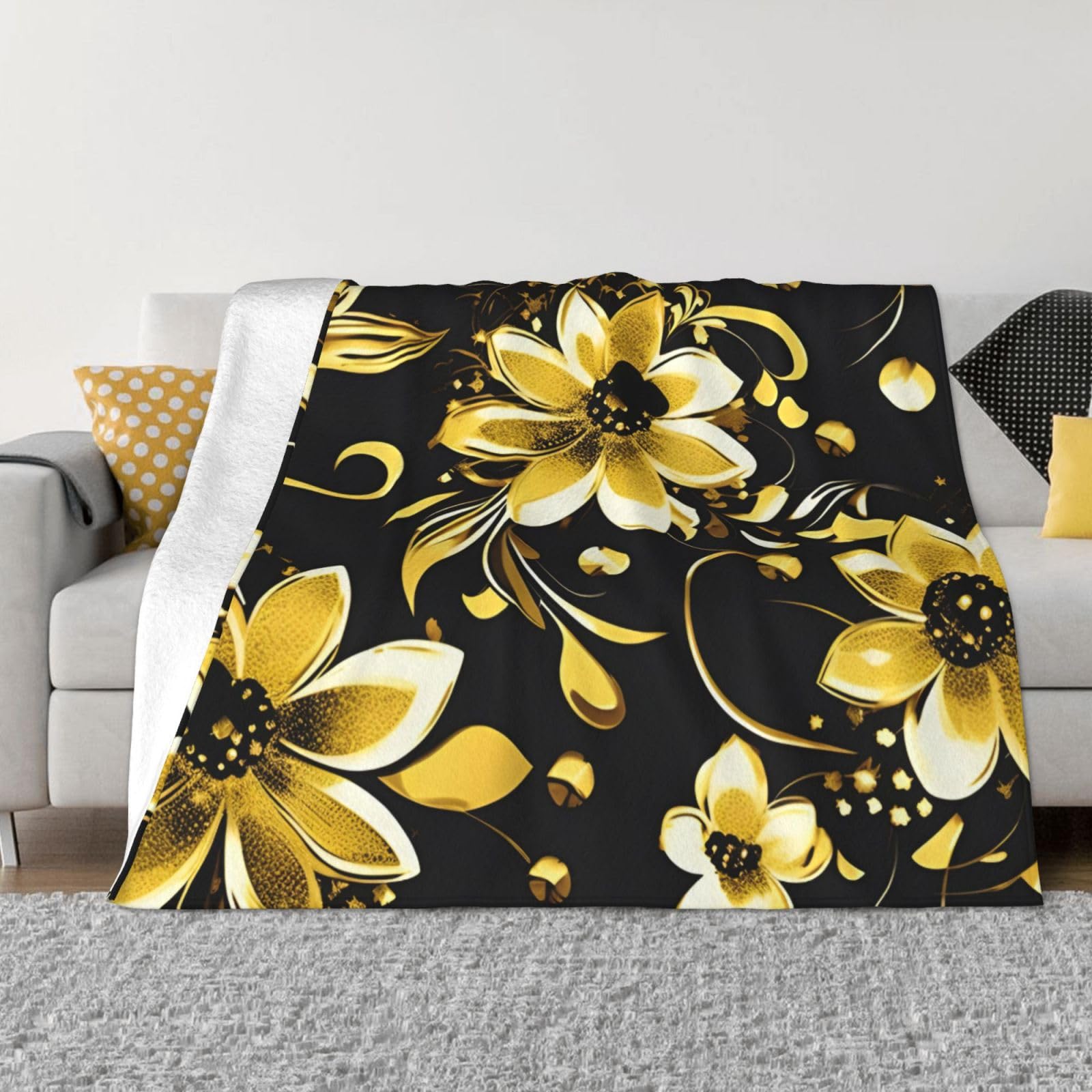 Couverture polaire haut de gamme au motif floral noir et doré pour canapé