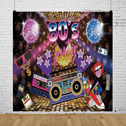 Miniatura 8 de Leyiyi Telón de fondo de fiesta de 10 x 6.5 pies de los años 80 con temática musical para fotografía, estilo retro, fondo de neón de los años 80,