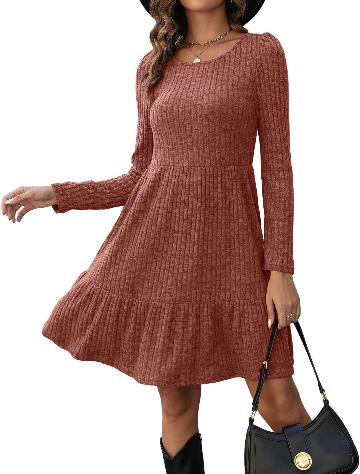 Zetieny Strickkleid Damen Langarm Elegant Rundhals A-Linie Knielang | Einfarbiges Pulloverkleid, Rüschensaum, Weich und Hautfreundlich, Dehnbar, Design mit vertikalen Streifen, Freizeit, Urlaub