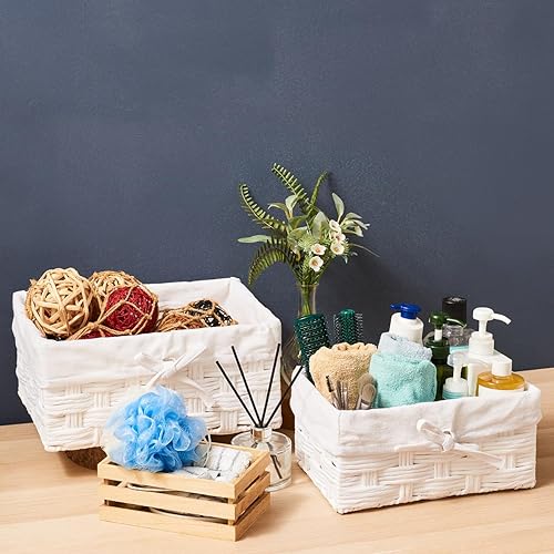 Miniatura 4 de EZOWARE Cesta tejida Paperrope de 3 piezas de tamaños mixtos con forro blanco
