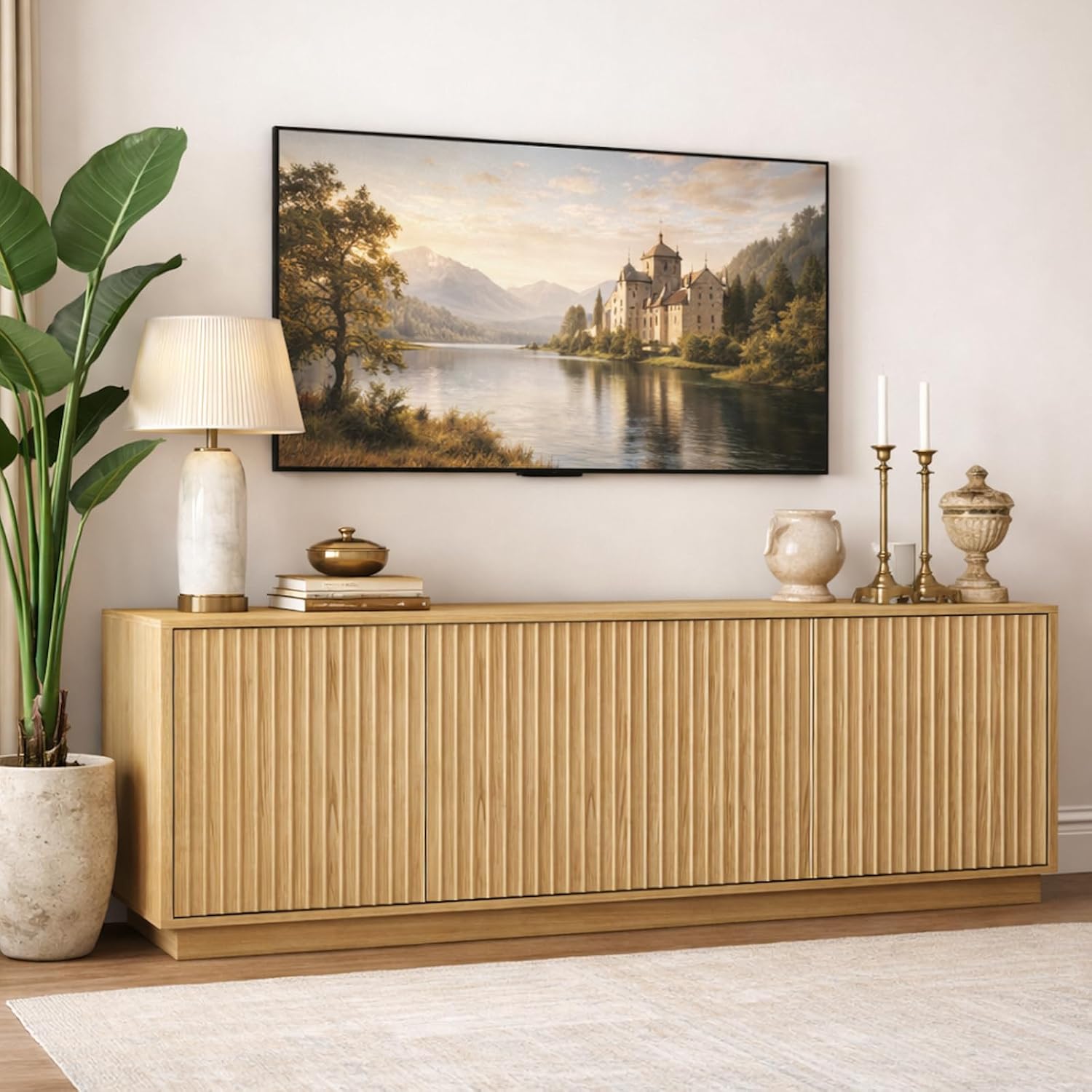 63'' Fluted TV Stand for TVs up to 75'', Long Modern Media Console with Storage Cabinets & Adjustable Shelves, Low Profile Entertainment Center for Living Room or Bedroom (Walnut)