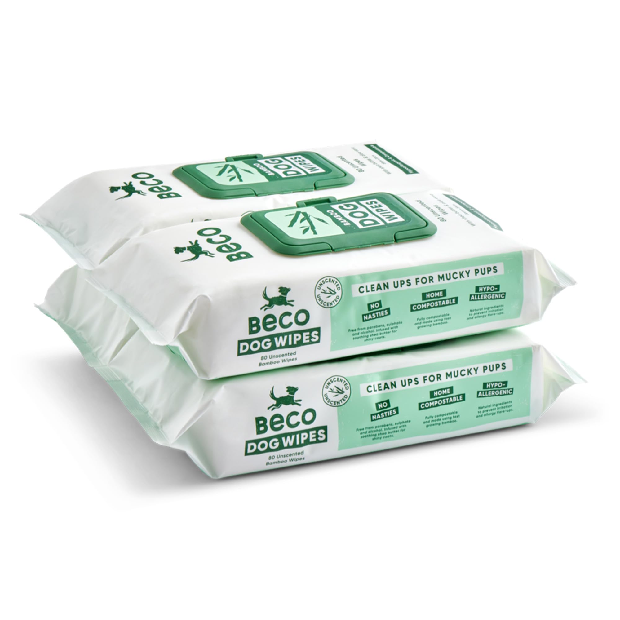 Beco Dog Wipes - 4 Packs of 80, Unscented, for Paws Body and Bum, Plant-Based Grooming Wipes, white, 80 count (Pack of 4)