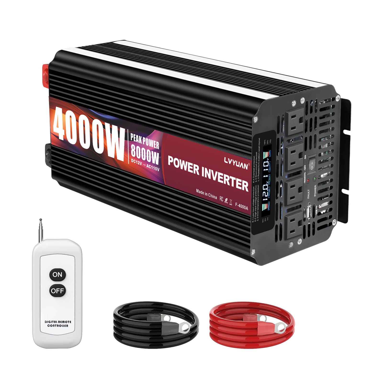 LVYUAN 4000 Watt Power Inverter 12V to 110V 120V for Vehicle, Solar Inverter System, Heavy Duty, RV, Truck, Off Grid,Camping with 4 AC Outlets, LCD Display, Wireless Remote Control, Car Power Inverter