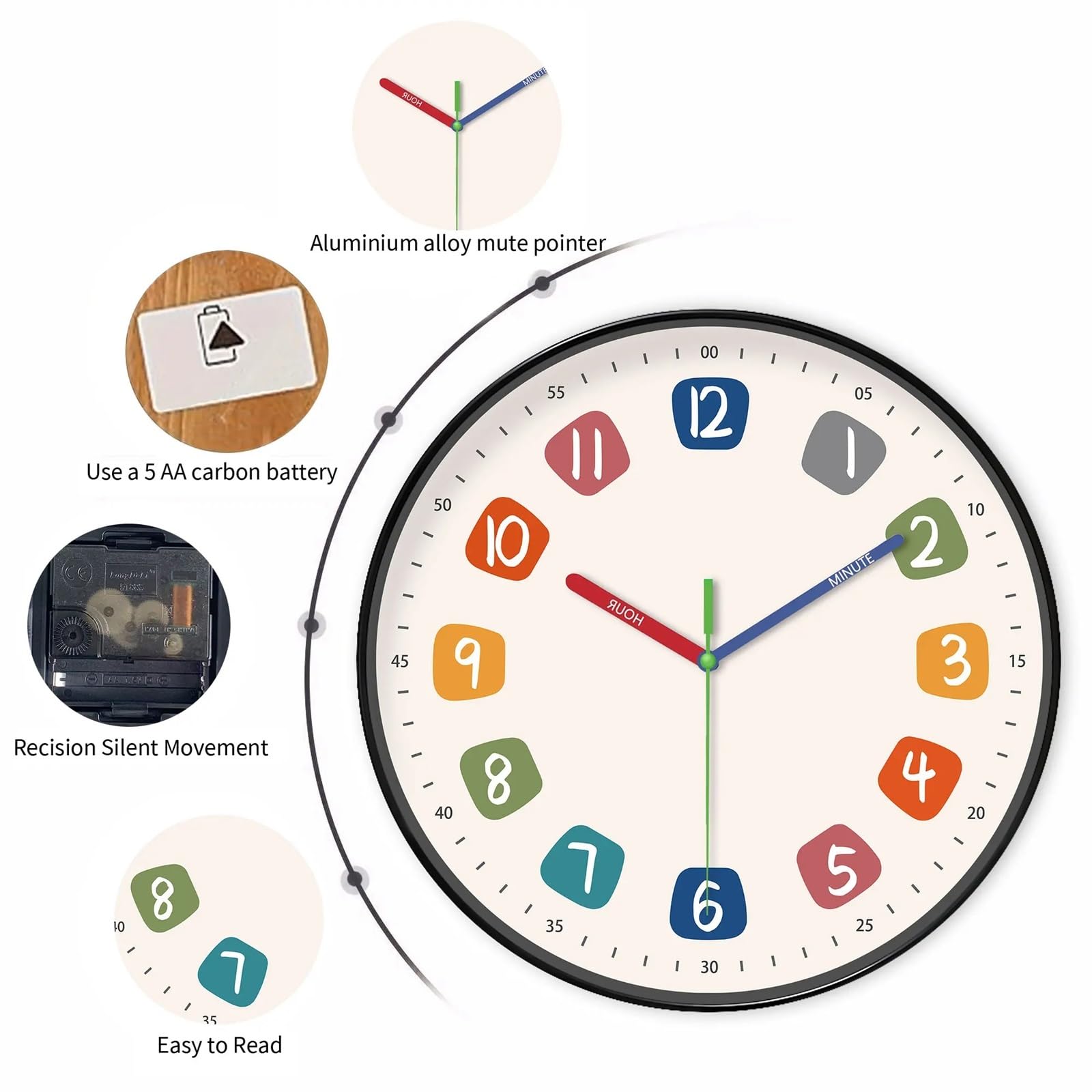 Orologio Da Parete Un orologio da parete semplice e moderno, lancette digitali colorate e colorate progettate