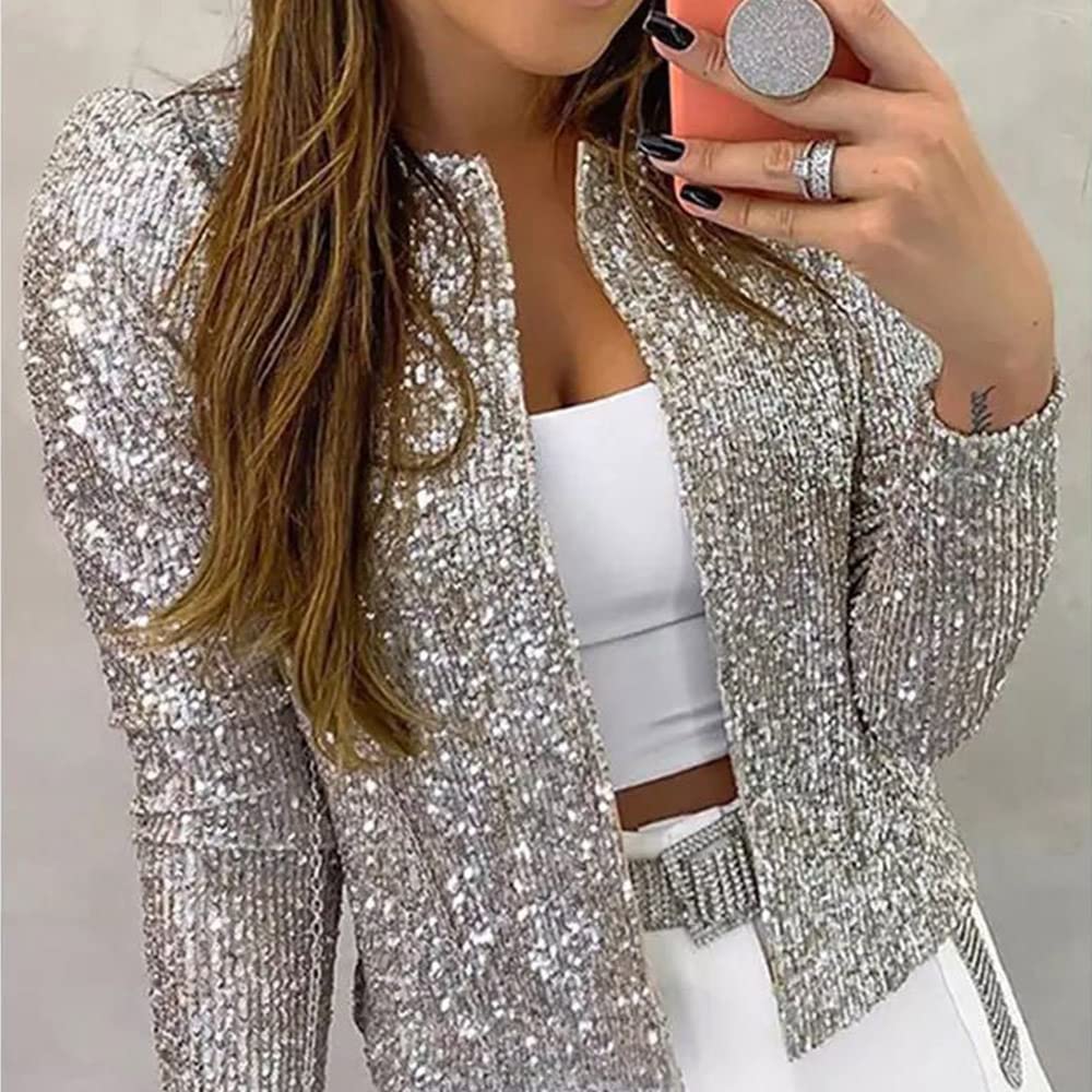 Cardigan Corto Con Paillettes Per Donna – Aperto Sul Davanti, Maniche Lunghe, Giacca Lucida Per Feste E Serate