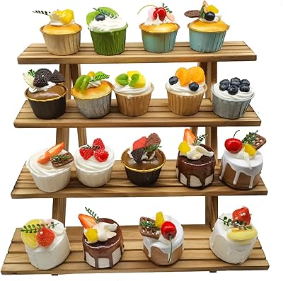 4-Tier Rustic Wood Plant Stand, 12 Inch Tall Collectible Riser Standï¼Œ Wooden Retail Cake Stand Display Table. Product, Food, Dessert, Cookie, Merchandise, Donut, Craft Show Tabletop Riser