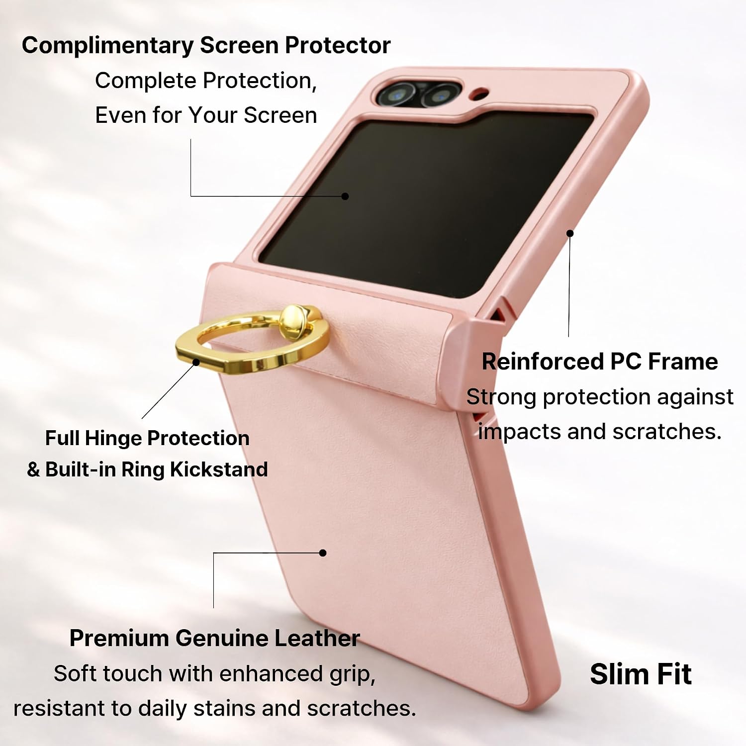 Genuine Leather Case for Samsung Galaxy Z Flip 7, Military-Grade Drop Protection, Hinge Protection Cover with Ring Kickstand, Color-Matched Trim (Dark Gray)