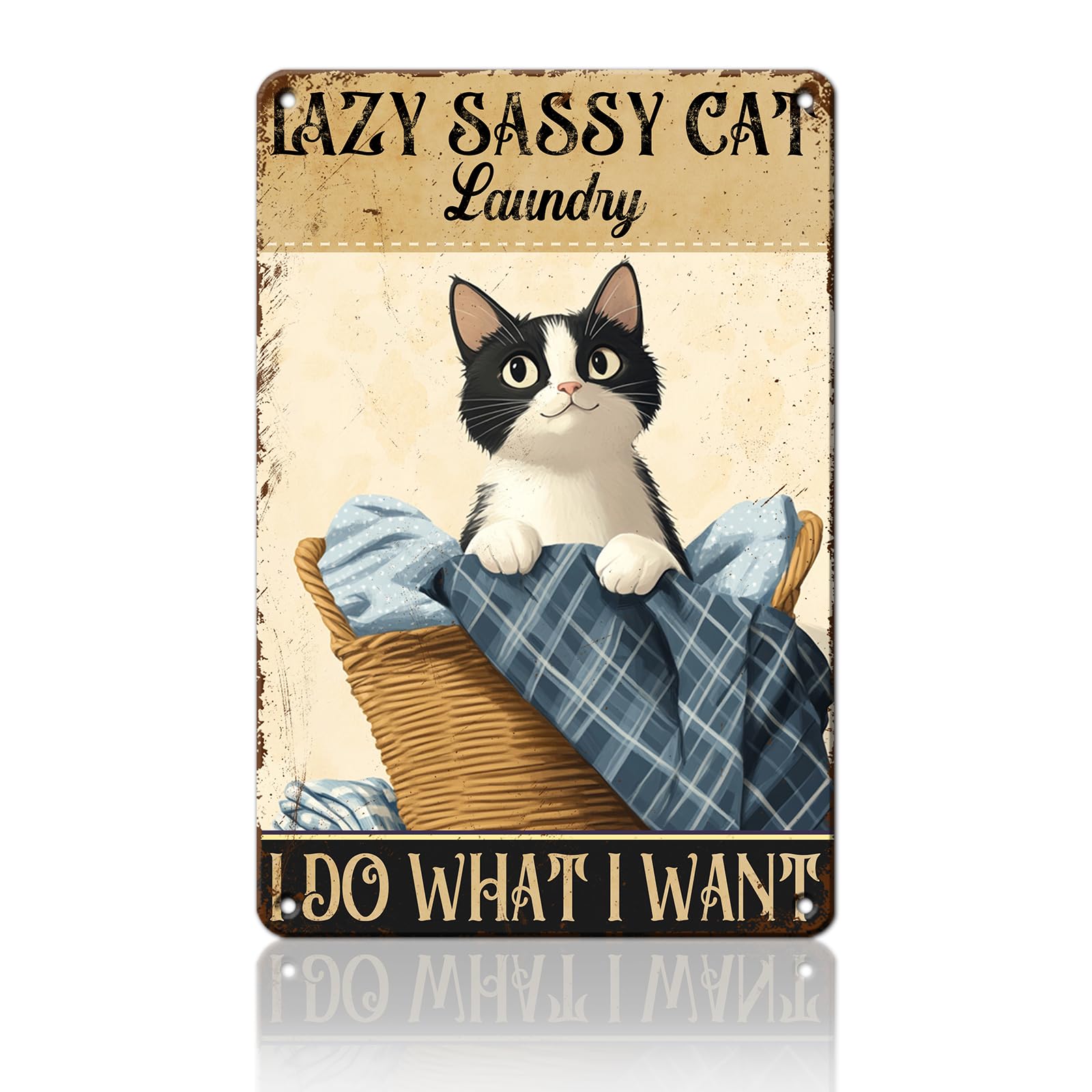Anceky Funny Metal Tin Sign Black Cat Lazy Sassy Cat Sign Retro Wall Decor for Farmhouse Kitchen Home Bar Cafe 12×16 Inch