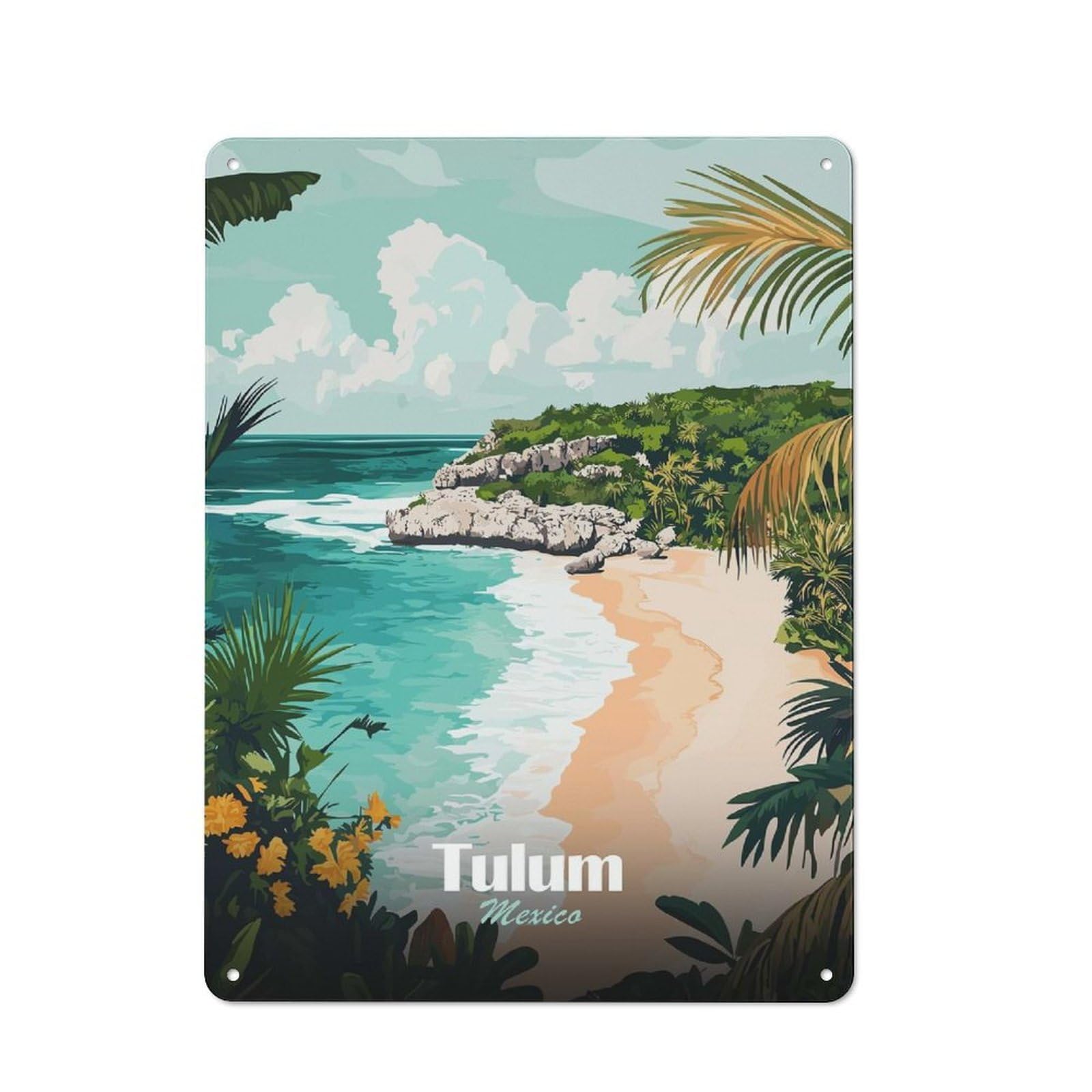 Junmoney Style-8 Tulum Mexico Beach Landscape Illustration Rustic Printed Metal Sign 40X30cm For Bar Or Restaurant, For Bar Decor Enthusiasts