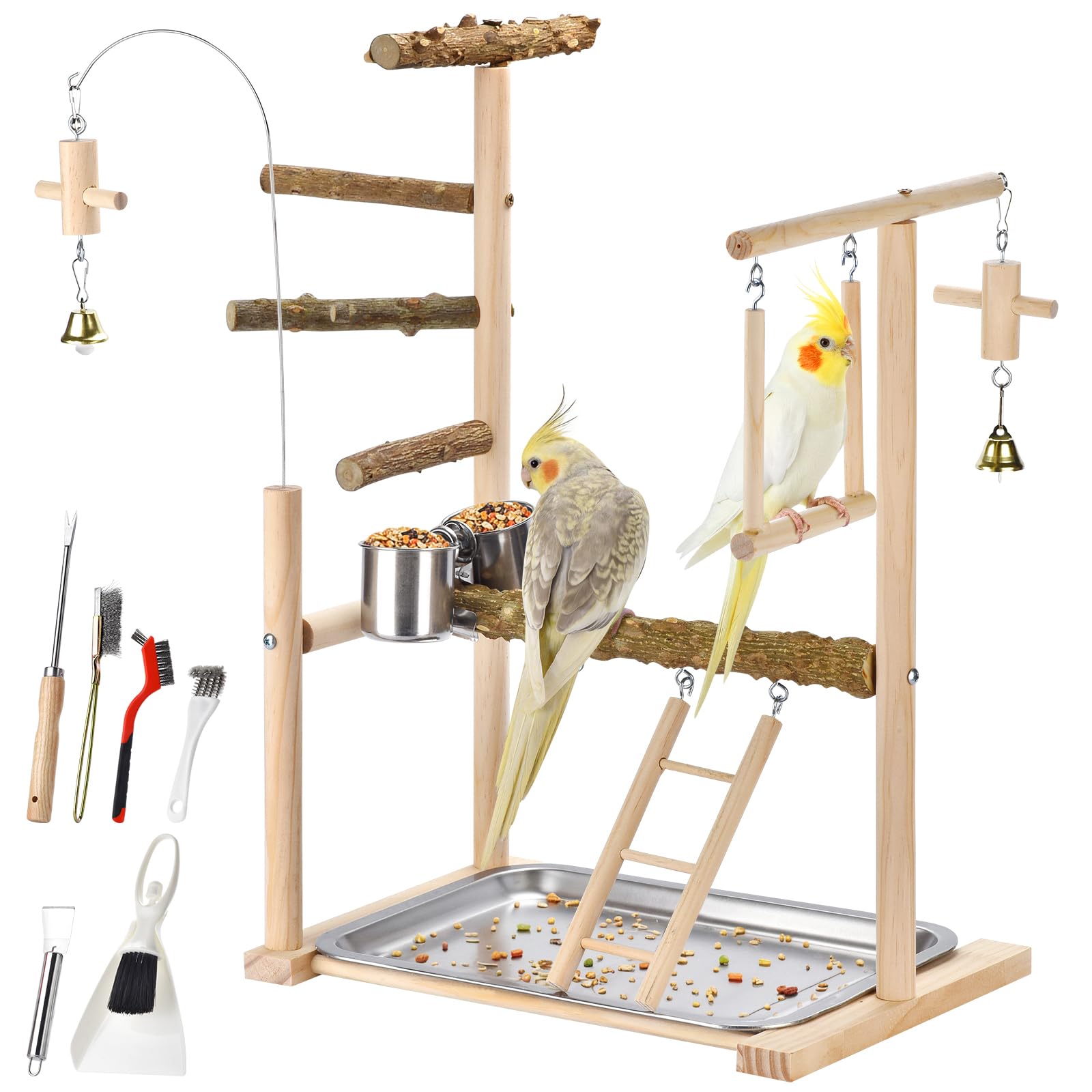 Natural Wood Parrot Play Stand, Bird Playground Perch with Feeder Cups, Tray, Ladder, Swing & Bells, Cage Top Play Gym Accessories for Lovebirds, Cockatiels, Parakeets, Budgies