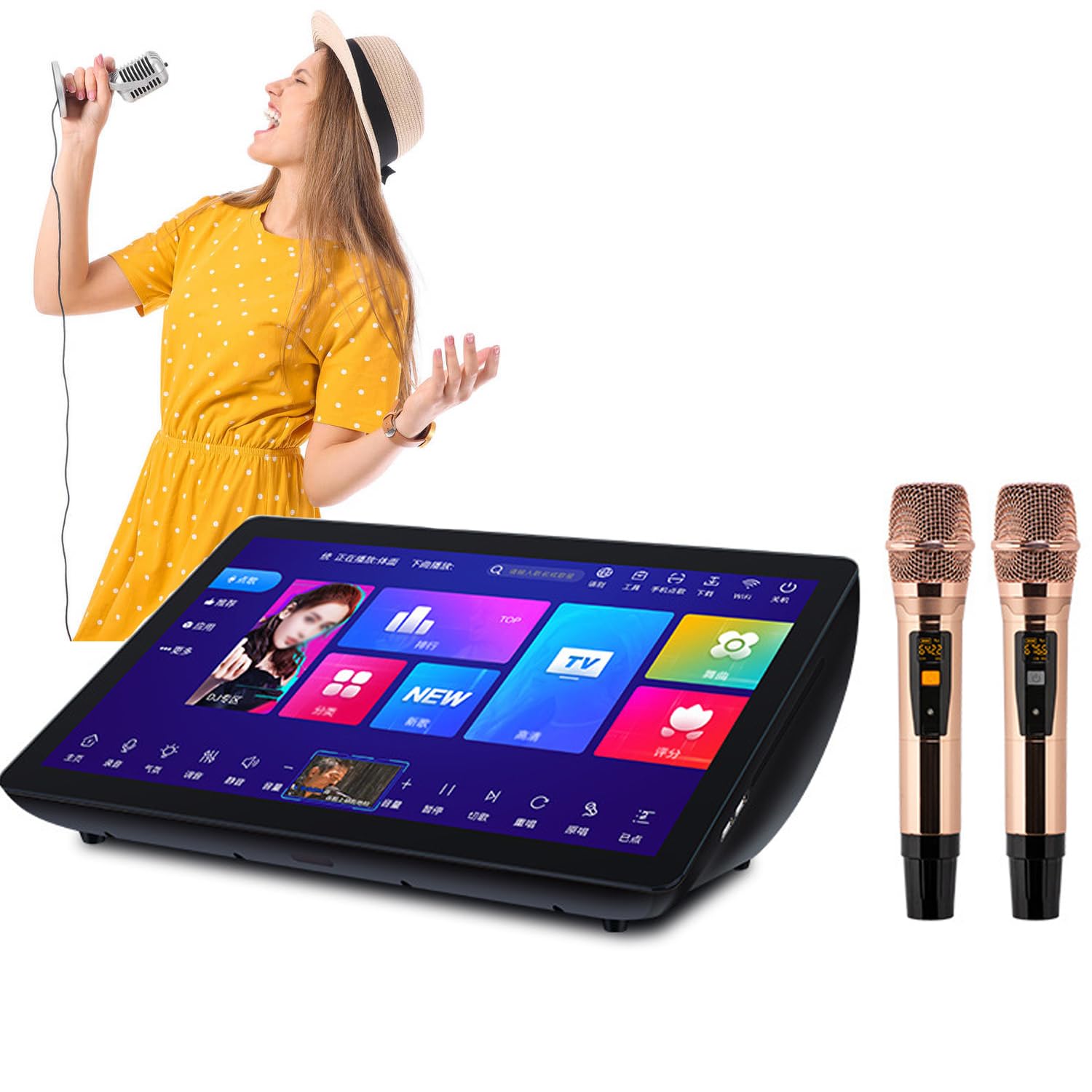 Macchina per karaoke professionale da 19,5 pollici, touch screen capacitivo a LED, con 2 microfoni wireless con riverbero, controllo app telefono, supporto 20 lingue, karaoke per feste in casa