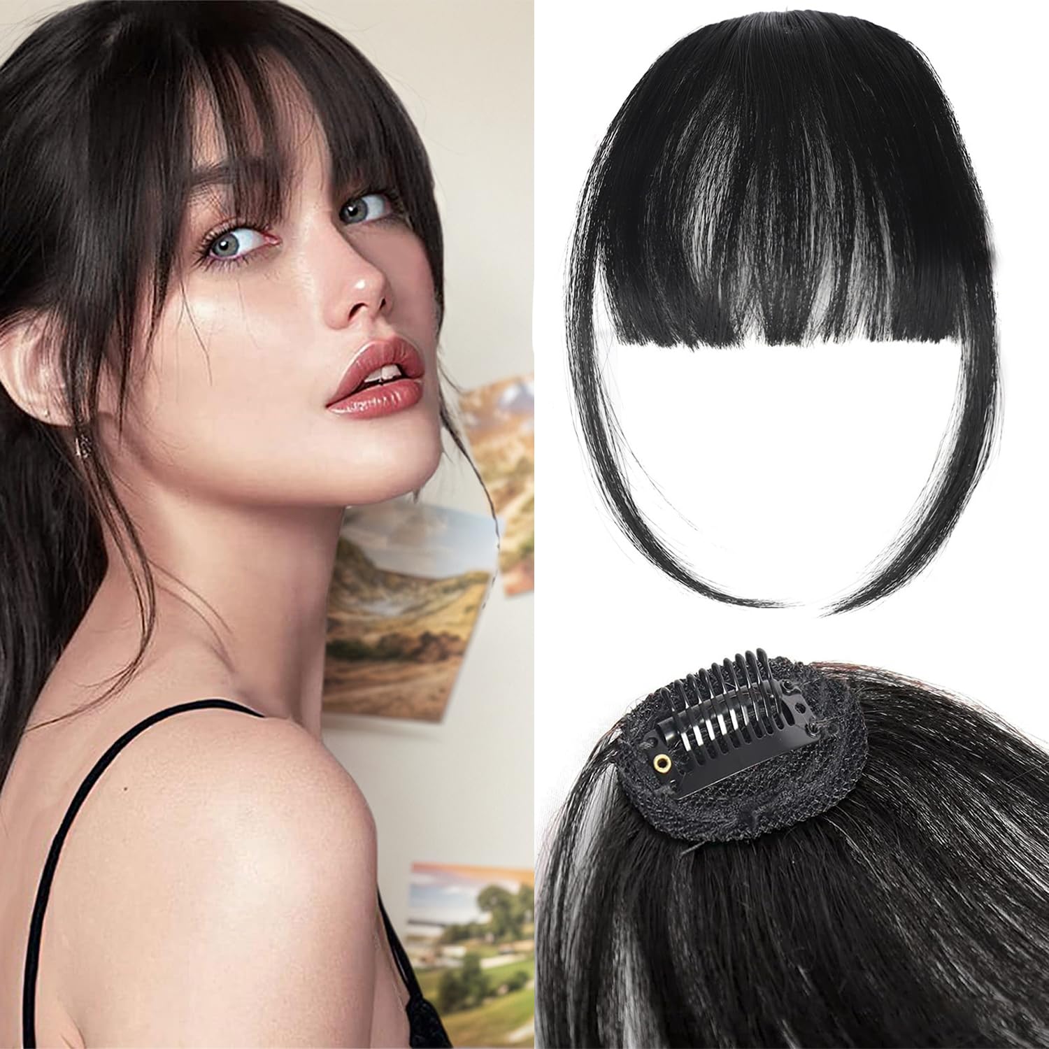 100% Real Human Hair Clip in Bangs for Women - Natural Look Fringe Hairpiece with Temples, Wispy or Curved Bangs Options(Natural Black)