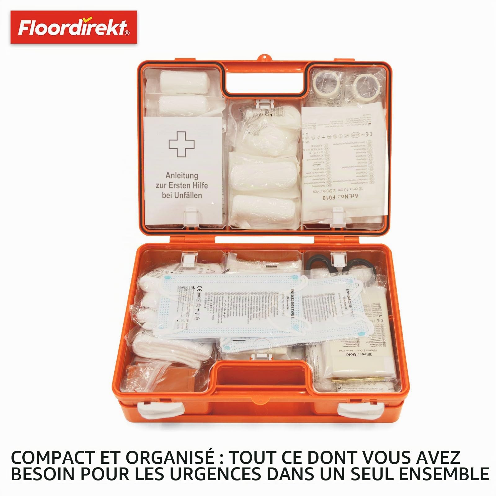 KARAT Boîte de premiers secours moyenne pour entreprises et maison DIN 13169:2021 remplie avec support mural | 1 kit de premiers secours pour bureau et gastronomie, boîte d'urgence jusqu'à 100