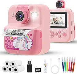 Câmera Infantil, Impressora Instantânea de Sem Tinta, Lente Pode Ser Virada, Selfie, com Flash, 32GB Cartão, Vídeo HD, Brinquedos Meninas Meninos com Crianças de 3 a 14 Anos (Rosa）