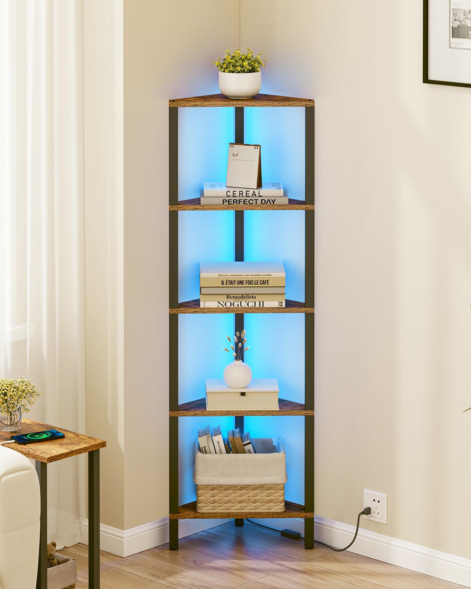 TUTOTAK Corner Shelf with LED Light, 5-Tier Corner Bookshelf for Small Space, Narrow Display Corner Shelf Stand with Storage Rack, for Living Room, Bedroom, Rustic Brown BS05BB005L
