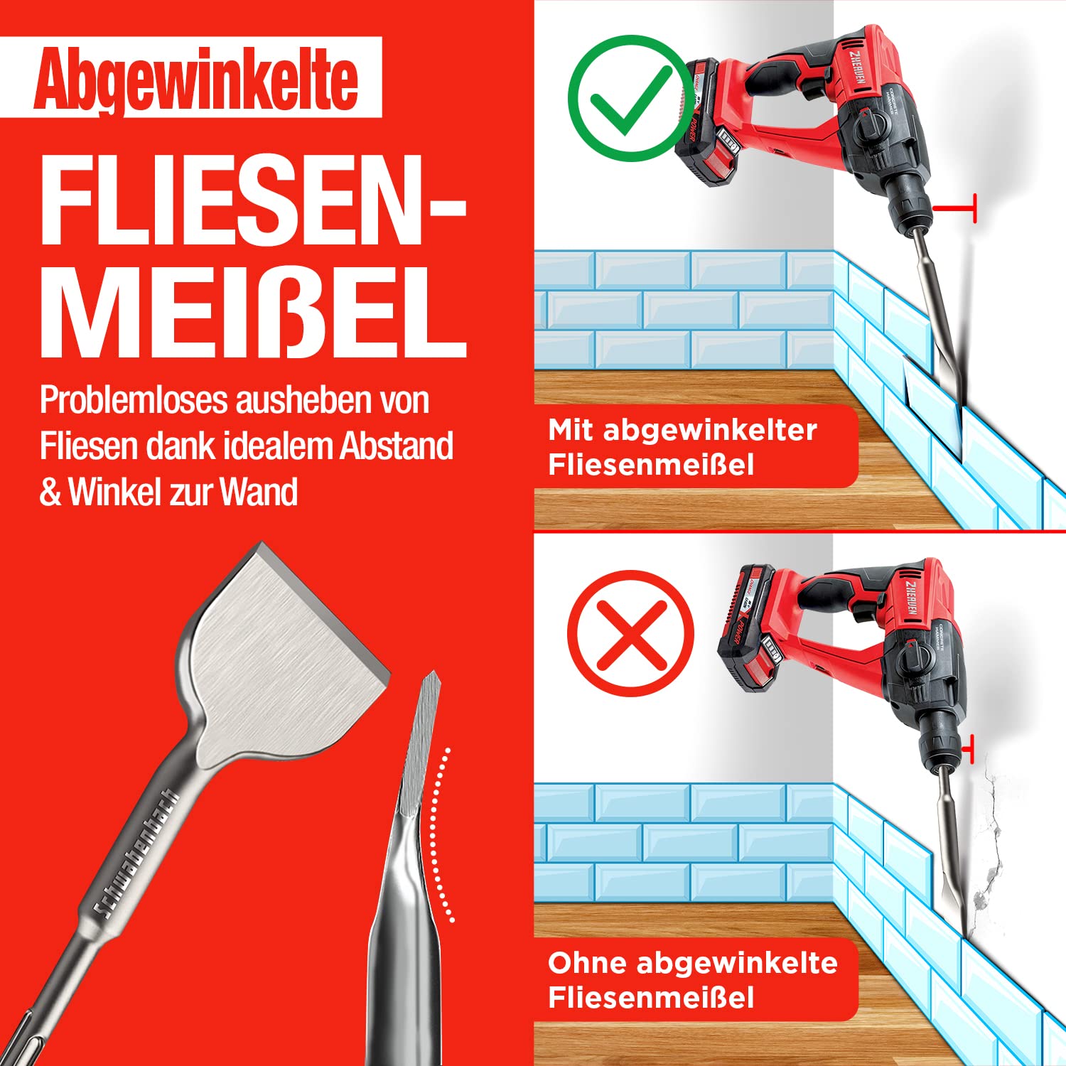 SCHWABENBACH® Cincel para Azulejos SDS PLUS 75 x 165mm – Acodado 30° para Retirar Baldosas y Revoque – Cincel Ancho de Acero CrV Extra Robusto compatible con Bosch, Makita, Hilti, Einhell