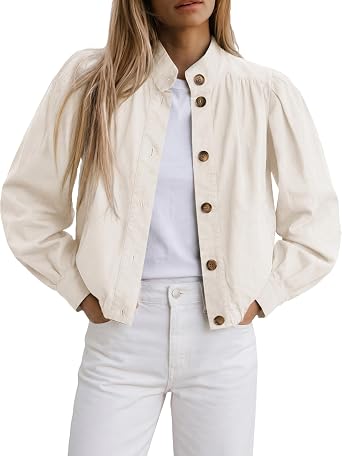 Watashi Womens Cropped Stand Collar Puff Sleeve Cotton Jackets
