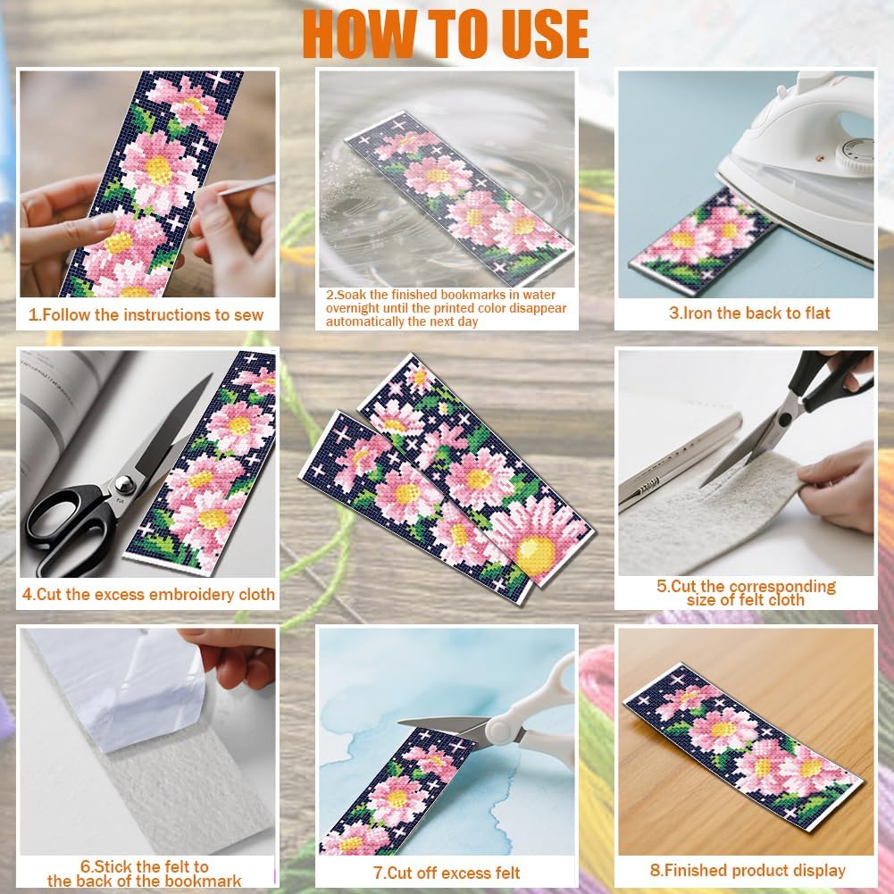 FREEBLOSS 6 Set Cross Stitch Bookmark Kit 11 CT Stamped Cross Stitch Kit DIY Embroidery Bookmark Kits for Adult Beginners with Instructions, Daisy Pattern, 6 x 20 cm/8" x 2.4"