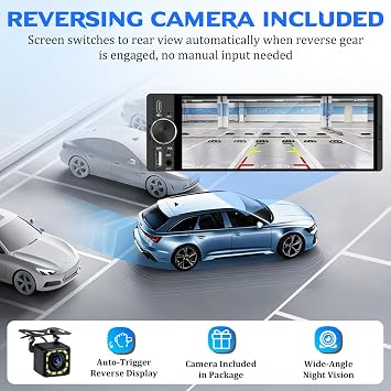 Single Din Bluetooth Car Stereo Compatible with CarPlay Android Auto, 6.36 Inch HD Touchscreen Car Radio with Mirror Link, Reversing Camera Included, FM, USB, SWC, Car Audio Head Unit